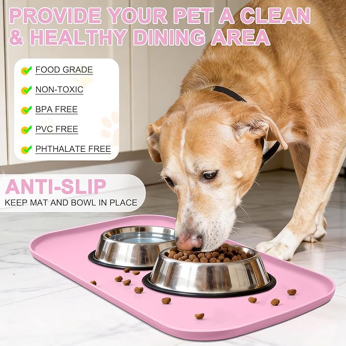 SMILOOL Waterproof Silicone Pet Food Mat with Raised Edge for Dog & Cat | 22" x 14" Non-Slip Pet Feeding Mats with Lip for Food & Water Bowl, Food Grade, Easy Cleaning, Pink
