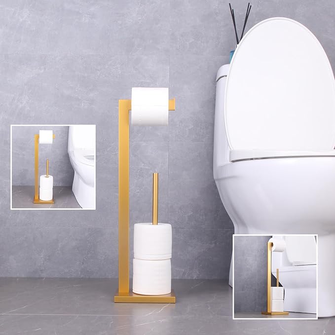 GERZWY Gold Toilet Paper Holder Free Standing with Reserve Stainless Steel Tissue Roll Holder Floor Stand Storage DZY004-BE