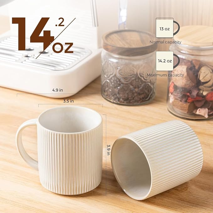 theterra Ceramic Coffee Mugs Set of 4, 14.2oz Handmade Coffee Cups with Handle for Latte, Tea, Milk, Beer, Hot Cocoa, Reactive White