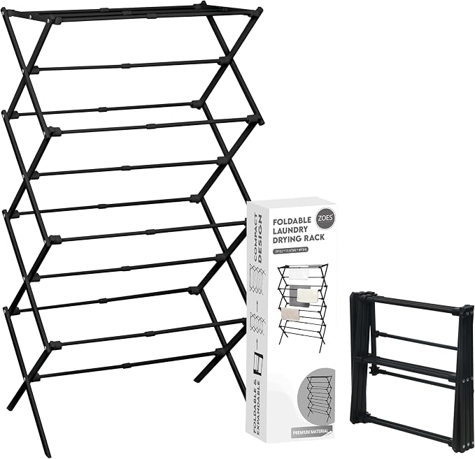 ZOES HOMEWARE 4-Tier Clothes Drying Rack, 4ft High Foldable Drying Rack Clothing for Indoor & Outdoor, Portable Collapsible Laundry Dryer for Laundry Room and Apartment, Black 29" L x 49" H x 11.5" W