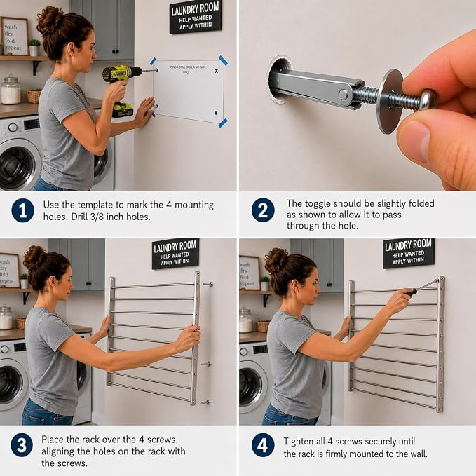 Smartsome | Wall Mounted | Clothes Drying Rack | 30" Wide | 20 Linear Feet Capacity | 8 Smooth Round Stainless Steel Rods | 60 lb Capacity | Fully Assembled | Compact Sturdy Space-Saving Design
