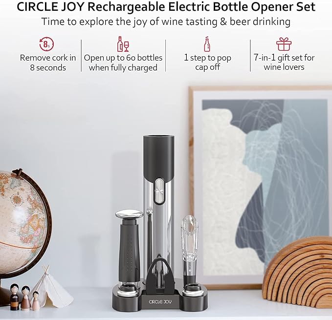 CIRCLE JOY Electric Wine Opener Set Automatic Wine Opener Kit for Wine and Beer Cordless Electric Wine Bottle Openers Gift Set with Foil Cutter, Aerator Pourer, Vacuum Pump and 2 Wine Stoppers