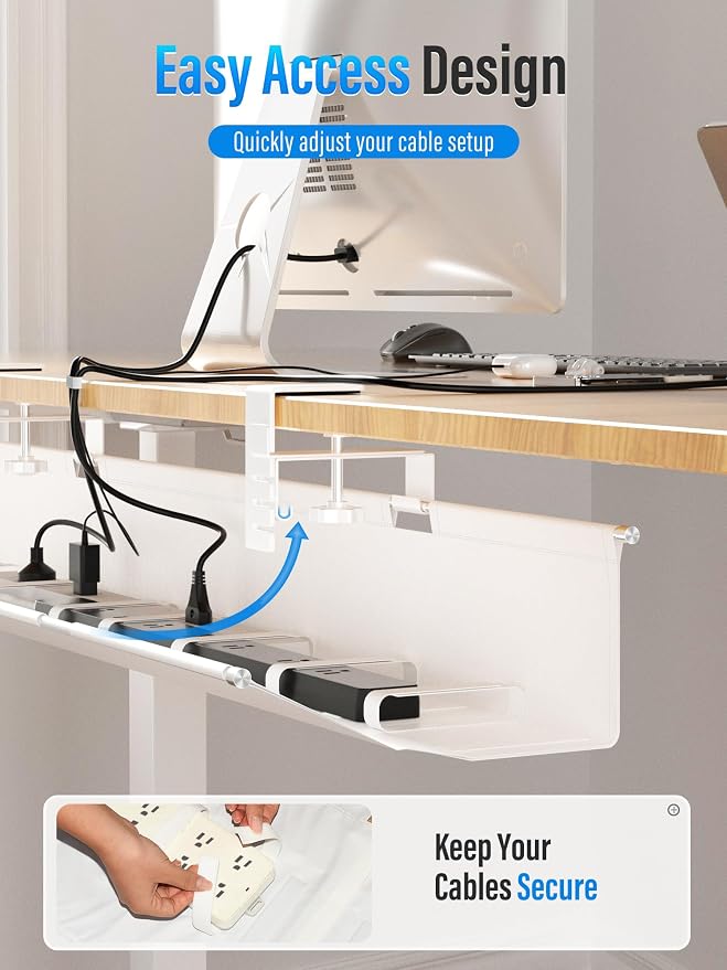 [Upgraded] Large Under Desk Cable Management Tray, Cinati Cable Management Under Desk No Drill, 42" Fabric Cord Hider for Wire Organizer, Cord Organizer for Office, Home - Supports Up to 30lbs White