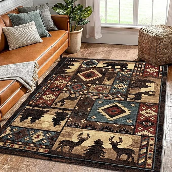 Lodge Native Cabin Moose Deer Rugs 6ftx9ft Western Wildlife Print Area Rug for Bedroom Living Room Non-Slip Vintage Elk Deerlet Bear Carpet Mats
