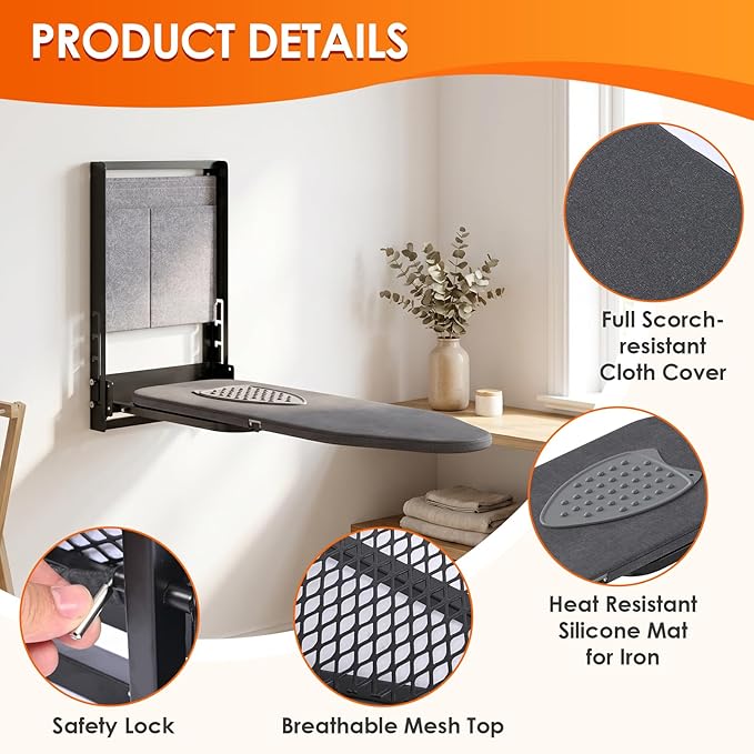 tonchean Compact Ironing Board Wall Mounted Height Adjustable 36x13 Inch | Foldable Iron Board Hanger Ironing Holder with Heat Resistant Cover & Silicone Iron Rest for Small Spaces, Home Laundry Room