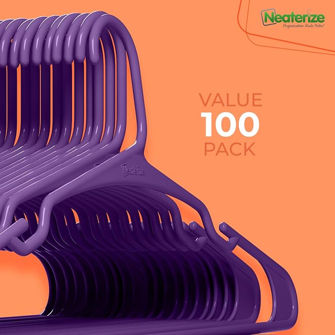 NEATERIZE Clothes Hangers Plastic 100 Pack for Adults - Plastic Hangers, The Perfect Coat Hanger and Space Saving Clothes Hangers for Closet - Purple Hangers