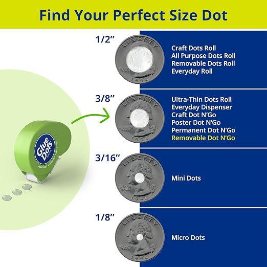 Glue Dots, Removable Dots Dot N' Go Dispenser, Double-Sided, 3/8", .38 Inch, 200 Dots, DIY Craft Glue Tape, Sticky Adhesive Glue Points, Liquid Glue Alternative, Clear