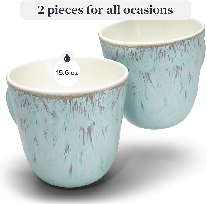 PURE LIVING INTERIOR DESIGN Stoneware Coffee Mugs Set of 2, Modern Beige-Blue, 14.5 Oz, Ceramic, Dishwasher & Microwave Safe