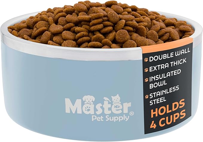 Master Pet Supply Stainless Steel Dog Bowls - 32 oz, Heavy Duty - Glacier Blue, Double Wall Extra-Thick Insulated, Non-Slip Pet Water Bowl for Dogs, Cats & Pets, Anti Rust Metal, Dish Washer Safe