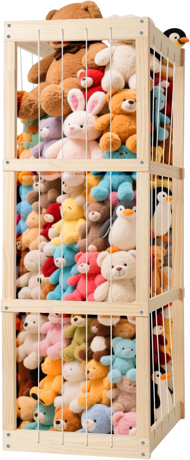 Stuffed Animal Storage – Large Capacity Toy Organizers for Kids | Wooden Stuffed Animal Holder with Elastic Zoo Bars | Plushies Storage Toy Chest for Nursery, Playroom, or Bedroom