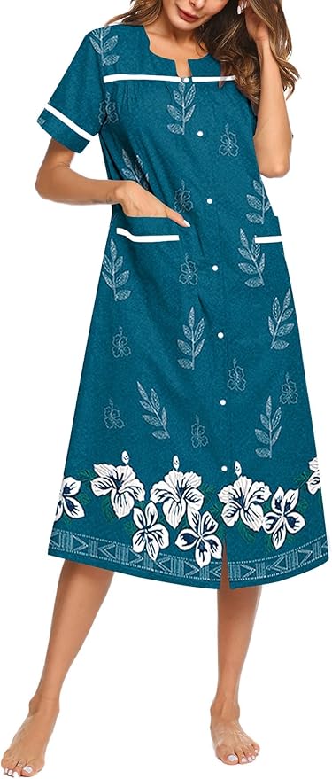 Ekouaer Womens Snap Front Dusters Cotton Housecoat Short Sleeve Nightgown House Dress With Pockets