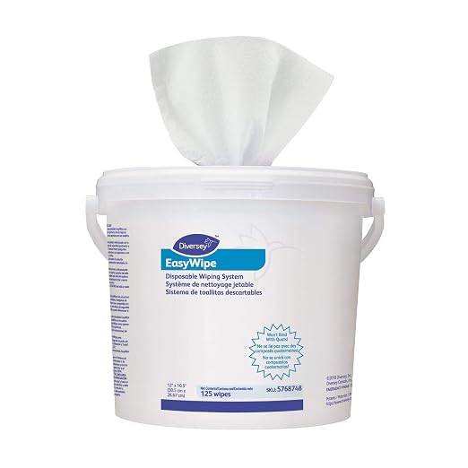 Diversey 5768748 EasyWipe Disposable Wiping System, DRY Wipes in Reusable Bucket - Use with Your Choice Disinfectant, 125 Large 12x10.5-Inch Wipes, 1-Bucket (Pack of 6)