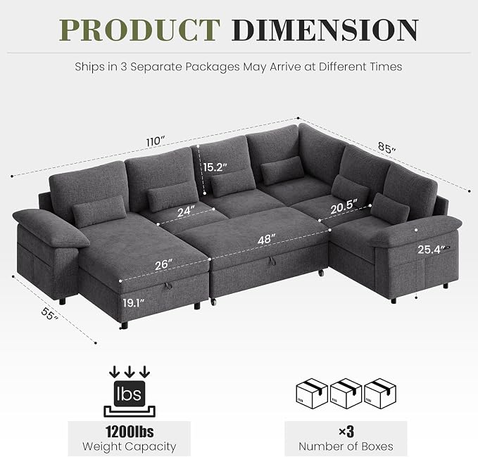 110 Inch Modular Sectional Sleeper Sofa with Pull Out Bed, U Shaped 7 Seat Cloud Modular Sectional Sofa with Storage, Chenille Sectional Couches for Living Room, Apartment, Office, Dark Grey