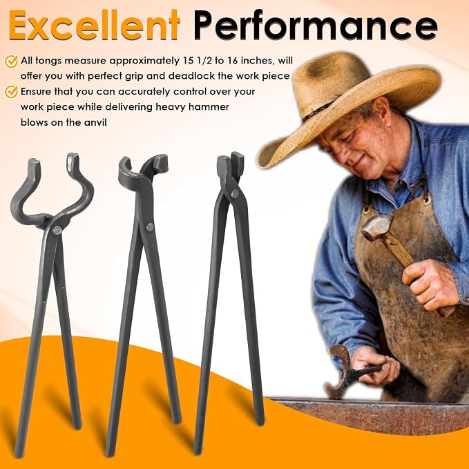 Blacksmith Tongs Knife Making Tongs Set Flat Tongs, Blade Tongs & V-Bit Tongs Assembled Bladesmith Steel Forge Tongs Anvil Blacksmithing Tongs (3 Tongs)