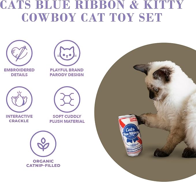Haute Diggity Kitty Cats Blue Ribbon + Kitty Cowboy Set, Plush Cat Toys Catnip Filled with Interactive Crackle Sound, Safe & Durable Toys for Cat & Kitten, 4 Pcs