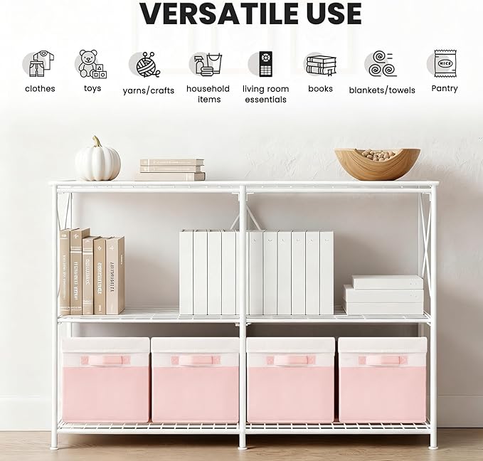 Large Closet Organizer Bins with Lids 8 Pack - Pink Storage Baskets for Shelves Nursery Bedroom Dorm RV - Stackable Decorative Closet Organization Box with Handles for Clothes Purse Blanket Towel