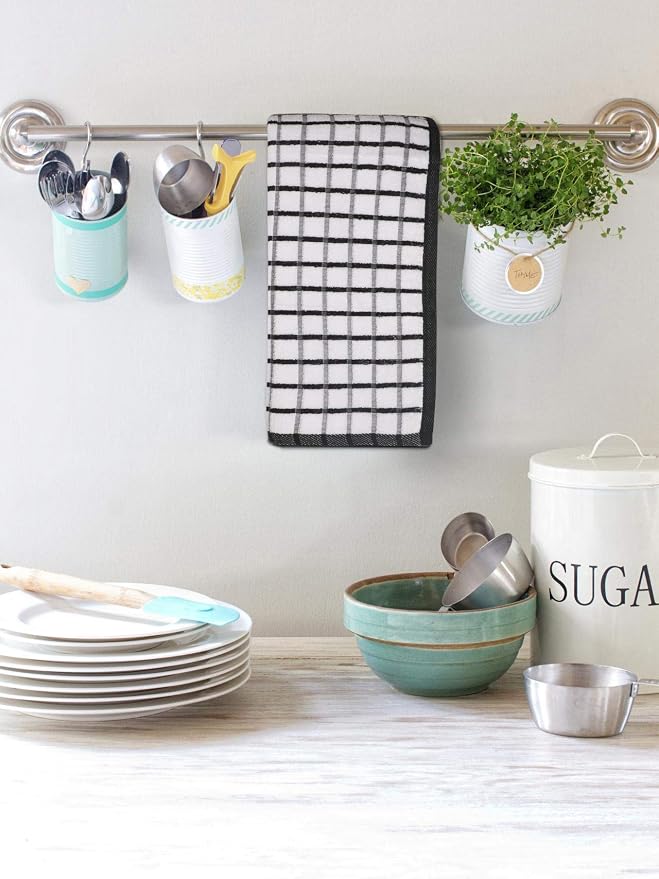 Urban Villa Kitchen Towels Black/White Set of 3 Terry Kitchen Towels 100% Cotton Ultra Soft Size 20X30 Inches Highly Absorbent Over Sized KitchenTowels with Hanging Loop KitchenTowels