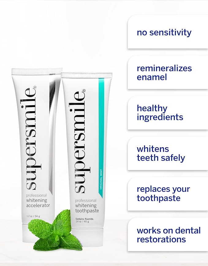 Supersmile Whitening System, Toothpaste + Accelerator, Original Mint | Calprox® 2-Step Whitening System, Whitens Up to 7 Shades in 7 Days, RDA 65 Low Abrasion, Veneer Safe, Cavity Protection