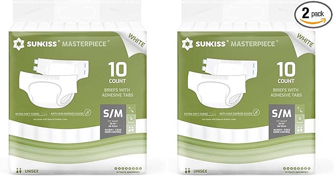 SUNKISS Masterpiece Adult Diapers with Tabs, Unisex Disposable Incontinence Briefs for Women and Men, Odor Control, White, Small/Medium, Previously Medium, 10 Count (Pack of 2)