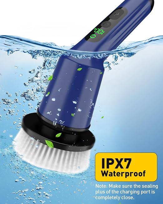 Shower Scrubber with Long Handle, Bathroom Cleaner Brush with 8 Brush Heads, Cordless Electric Spin Scrubber for Cleaning with 2 Speed, Cleaning Supplies for Bathtub Kitchen Floor Navy