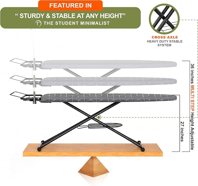 Ironing Board 43" x 13" Foldable with Wall Hanger, Full Size | Heavy Duty, Height adjustable, full-metal frame, heat-resistant cover, iron rest, anti-slip feet
