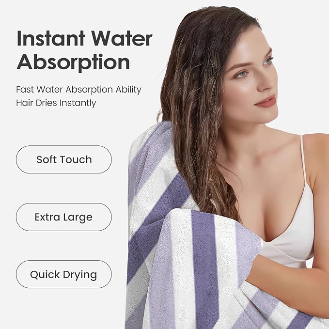 JML Microfiber Bath Towels, 2 Pack, 30" x 60", Cabana Stripe Purple | Hanging Loop, Lint Free, Oversized, Soft, Super Absorbent,Fast Drying, Perfect for Shower, Sauna, Gym, Sports, Fitness, Yoga