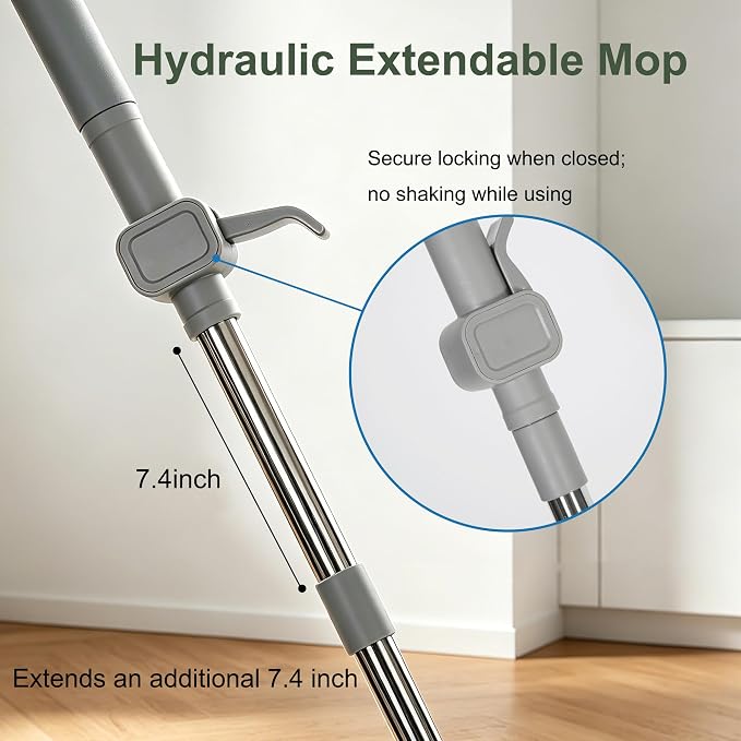 Flat Mop and Bucket System with Wringer Set, Wet Dry Separation Mop and Bucket Set for Hardwood, Vinyl Tile Floor, Wall Cleaner Mop for Household&Commercial Cleaning (Grey)