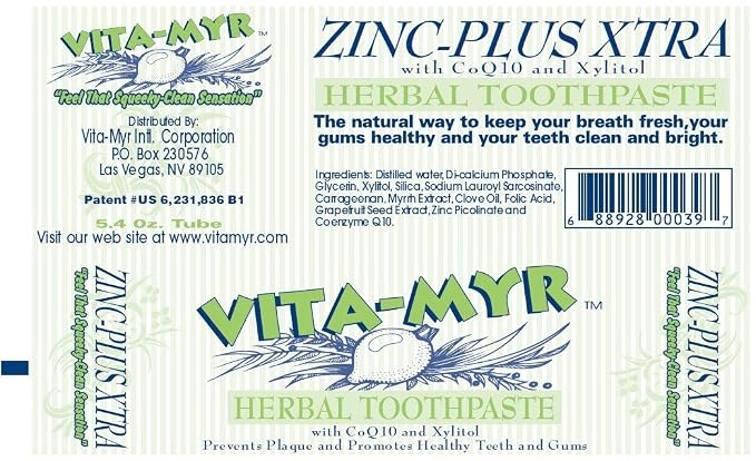 Vita-Myr Zinc+ Toothpaste, No Sugar, No Fluoride, Gluten Free, SLS Free No Alcohol, No Saccharin No Artificial Sweetener/Color ,Made in USA.5.4 Ounce Pack of 6