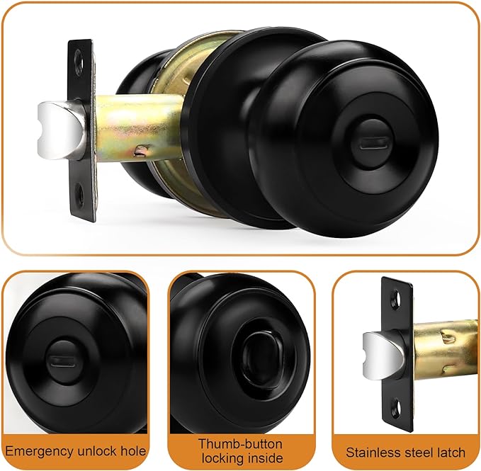 Probrico Black Door Knobs, Privacy Door Knob for Bathroom Bedroom, Interior Door Knob with Thumb Turning Locking Button, 6 Pack