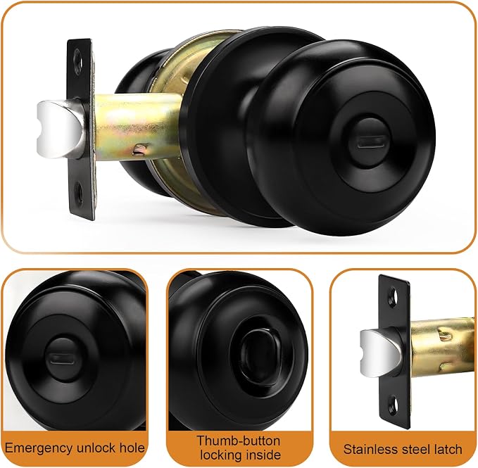 Probrico Matte Black Privacy Door Knobs for Bedroom Bathroom, Stainless Steel Keyless Interior Door Handles Bath/Bed Lockset, 3 Pack