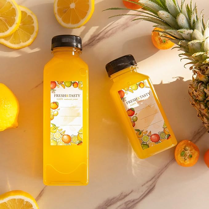 TOMNK 100pcs Juice Bottles, 12oz Plastic Bottles with Caps, Reusable Juice Bottles with Caps Clear Bulk Beverage Containers with Lids, Label, Funnel and Brush for Juicing, Milk, Smoothie and Beverages