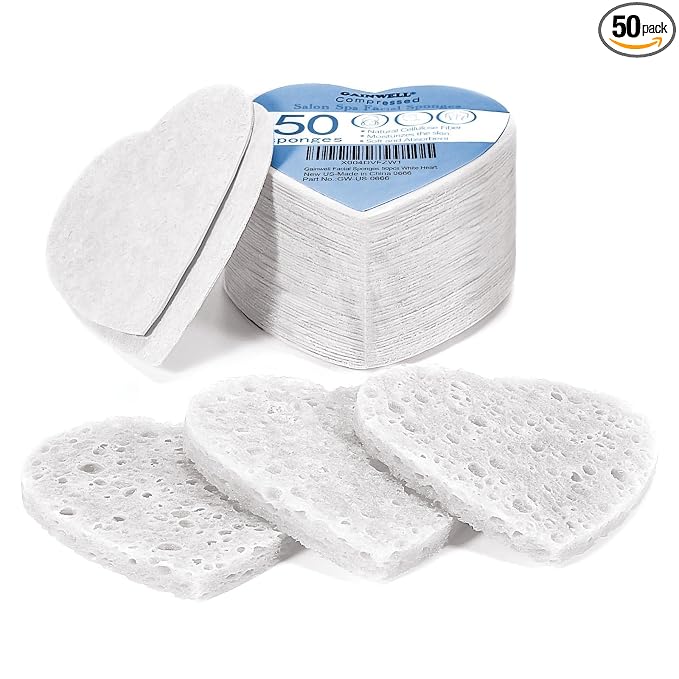 GAINWELL 50-Count Heart Shape Compressed Facial Sponges for Daily Facial Cleansing and Exfoliating, 100％ Natural Cosmetic Spa Sponges for Makeup Remover, White