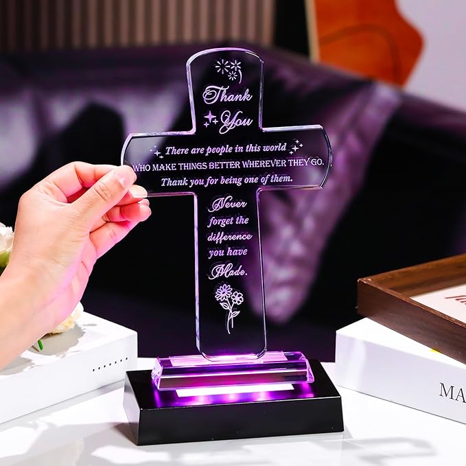 Movdyka Thank You Gifts for Women Men - Crystal Cross-Shaped Plaque with Light Base - Appreciation Inspirational Gift for Boss, Coworker, Teacher, Mentor, Mom, Friend, Doctor Grateful Present Ideas