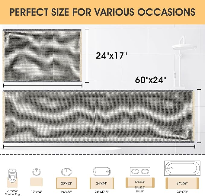 IM HOME Waffle Bath Mat Set 2 Piece Grey & Beige,Woven Modern Bath Rug Mats, Absorbent Non Slip Bath Floor Mat, Soft Washable Boho Bath Rugs with Tassels for Bathroom, Bedroom, Kitchen,Tub