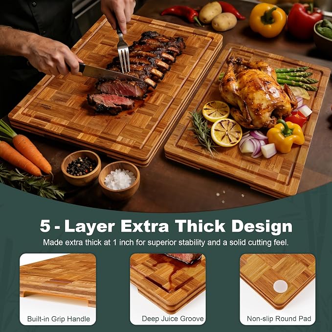 Extra Large Bamboo Cutting Boards, 2-Pack Heavy Duty Bamboo Cutting Boards Set with Juice Grooves & Non-Slip Feet – Extra Large Thick Wood Chopping Board for Meat, Fruits & More, Non-Toxic & Durable