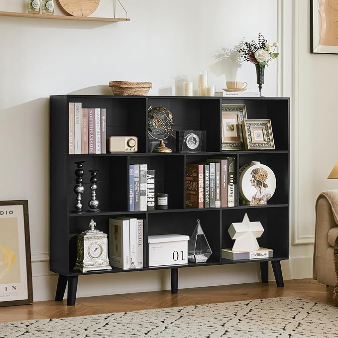 LEYAOYAO 10 Cube Bookshelf, Mid-Century Modern Book Shelf with Legs, Black | 3 Tier Bookcase, 55" Wide Rustic Wood Bookshelves Large Storage Organizer, Open Shelves for Bedroom, Living Room, Office