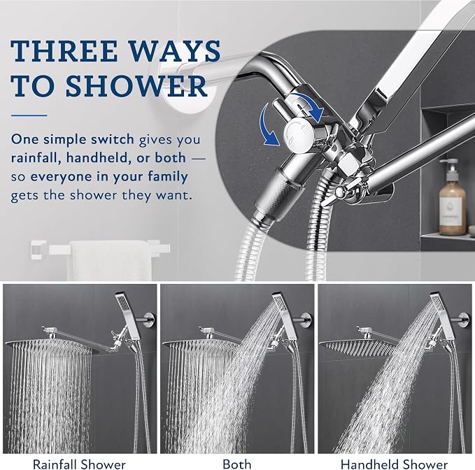 G-Promise All Metal 14 Inch Dual Square Shower Head with Handheld Spray Combo, Rain Shower Head, Adjustable Extension Arm, 3-Way Diverter, 71 Inch Extra Long Hose - A Bathroom Upgrade (Chrome)