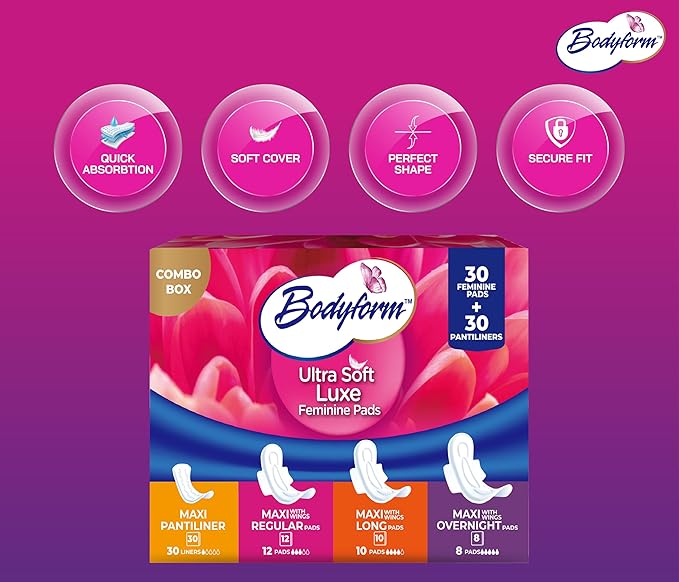 Bodyform Luxe Feminine Pads and Pantyliners Combo – 60 Count (30 Pads + 30 Liners), Ultra-Soft, Super Absorbent, Leak Protection, Daily Comfort & Freshness