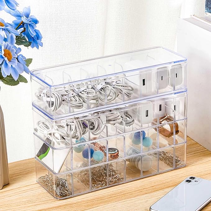 Tatuo 6 Pcs Cable Organizer Box with Wire Ties, Plastic Cord Storage Box with Lid, Electronics Organizer for Home Office Desk Organizers and Accessories (Clear)