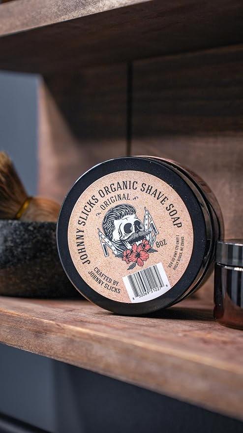 Johnny Slicks Organic Shave Soap - Supports Smooth Shaving - Shea Butter, Tea Tree & Jojoba - Natural Ingredients - Original Scent - 8 oz