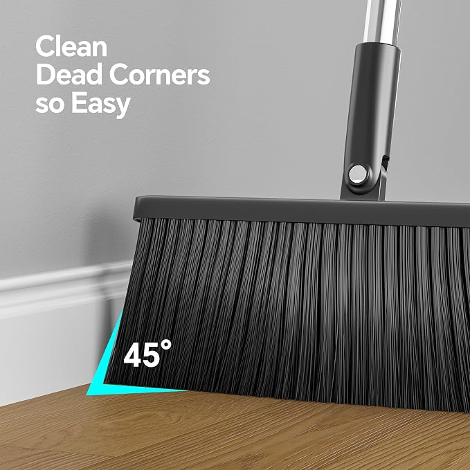 Spreezy Broom with Dustpan Combo Set, 52" Long Handle Standing Dustpan Set, Upright Dustpan with Cleaning Teeth, Indoor Outdoor Home, Office, Black-Gray