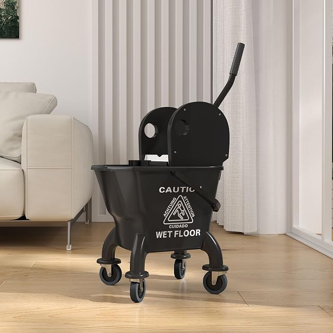 HOMCOM Mop Bucket with Wringer on Wheels, 27.5 Quart, with Mop, Black | Down Press Wringer, Handle and Mop, Floor Cleaning