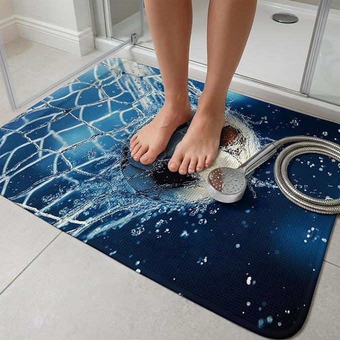Soccer Ball Bathroom Rugs Non Slip Washable Bath Mat Absorbent Low Pile Front Door Mat Wet Net Power Shot Blue Football Indoor Doormat for Kitchen Entryway Shower Decor Accessories 15.7"x23.6"