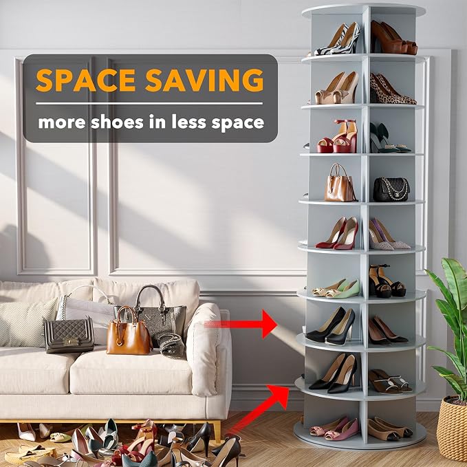 SpaceAid 9 Tier Rotating Shoe Rack Tower, Spinning Shoe Display Lazy Susan, Revolving 360 Shoe Rack Storage Round Carousel, Vertical Handbag Rotate Shoes Closet Organization (9-Tier Gray)