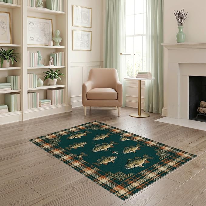 4'x6' Washable Area Rug Cabin Bass Plaid Border Vintage Baits Lure Tackle Fish Fishing Refined Stain Resistant Low Profile for Dorm Room, Small Living Apartment