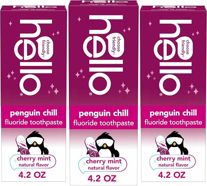 Hello Penguin Chill Kids Toothpaste with Fluoride, Kids Mint Toothpaste with Cherry Flavor, Freshens Breath and Helps Prevent Cavities, Strengthens Enamel, SLS Free, 4.2 oz Tube (Pack of 3) | Freshens Breath, Prevents Cavities, Strengthens Enamel, Tast...