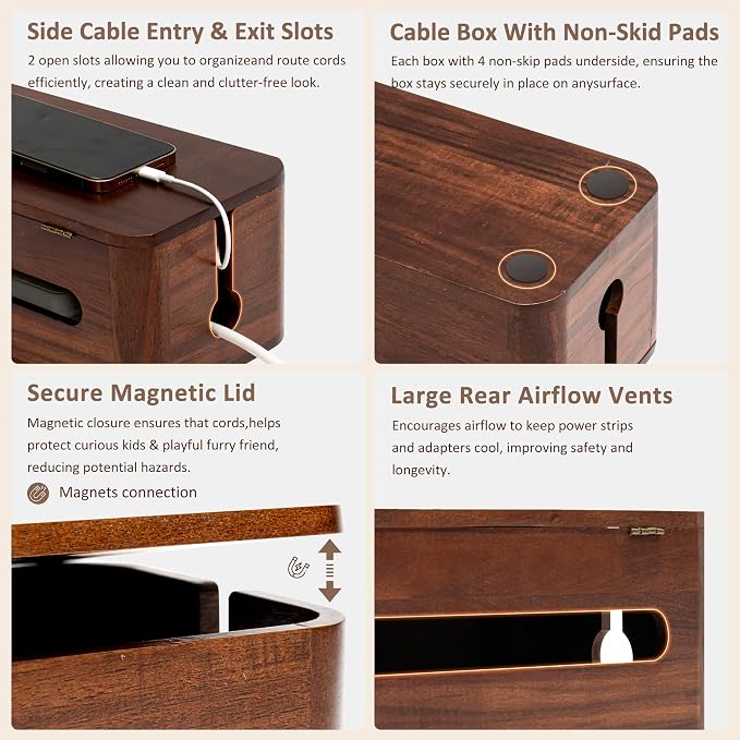 Large Acacia Wood Cable Management Box - Cord Hider&Organizer for TV Wires | Power Strip, Electrical Hiding, Desk & Floor Cables - Solution Wire Storage Solution for Office, Living Room, Bedroom