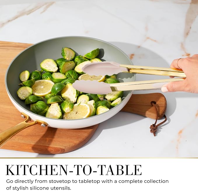 7-Piece Beige & Gold Kitchen Utensils Set – Non-Toxic Silicone & Stainless Steel Tools for Cooking, Serving, & Hosting – Ideal for Nonstick Cookware & Modern Kitchens, with Gold Utensil Holder