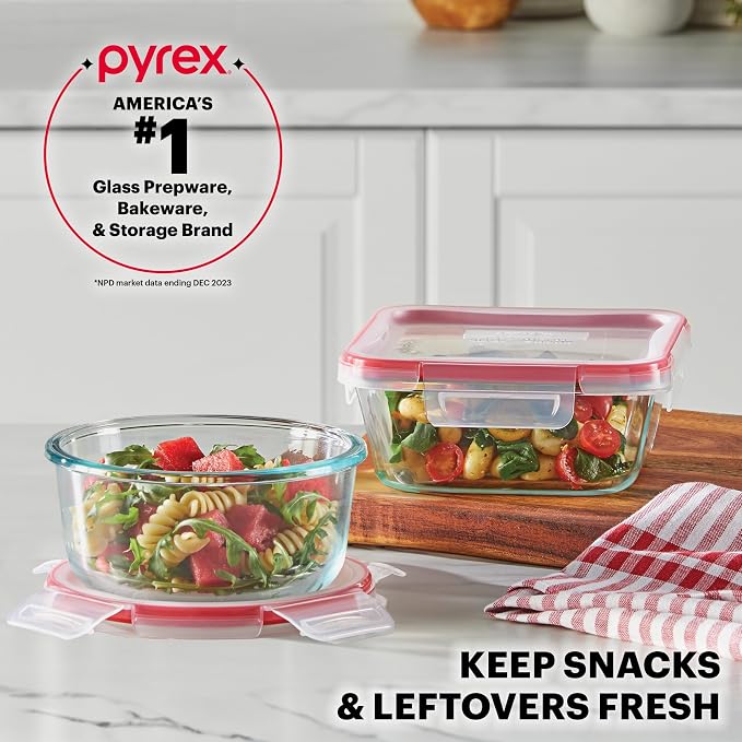 Pyrex Freshlock (7-Pack) Glass Food Storage Containers Set, (1, 2, 4 Cups) Airtight & Leakproof Plastic Locking Lids BPA-Free, Meal Prep Containers Set, Freezer Dishwasher Microwave Safe | Meal prep containers with airtight locking lids, freezer, dishw...