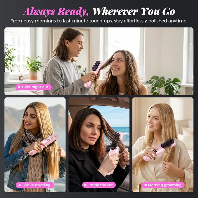 Go Brush Pro 2026, Cordless Hair Straightener Brush, Mini Hair Straightener with 3 Temperature Settings, Portable Hair Straightener Brush with MCH Heating and Ionic & Ceramic Care for Women (Pink)